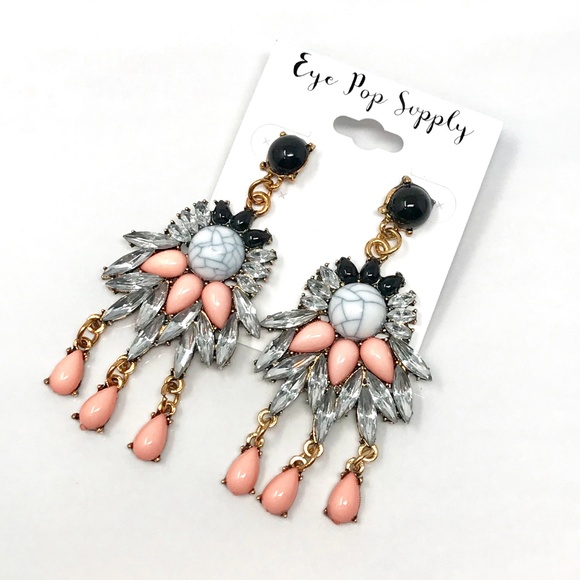 Pink Black & Crystal Statement Drop Earrings - Picture 2 of 2
